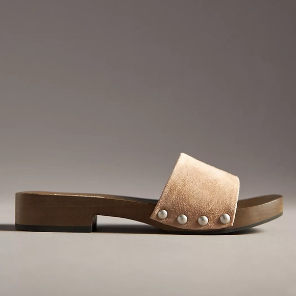 Bibi Lou Wood-Bottom Slides Sandals NEW EU 40 US 9-9.5 Taupe Anthropologie NIB - Picture 2 of 8